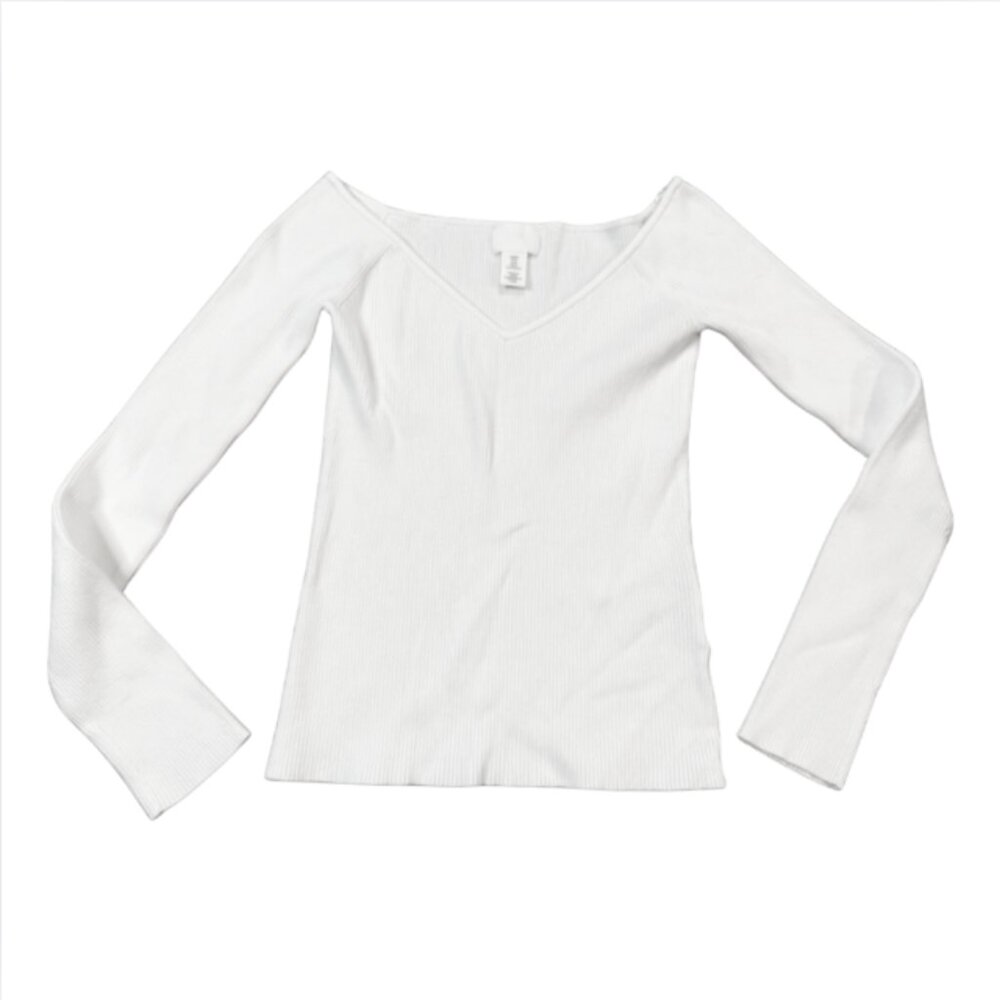 H&M Women’s Ribbed Long Sleeve V-Neck Top – White – Size M